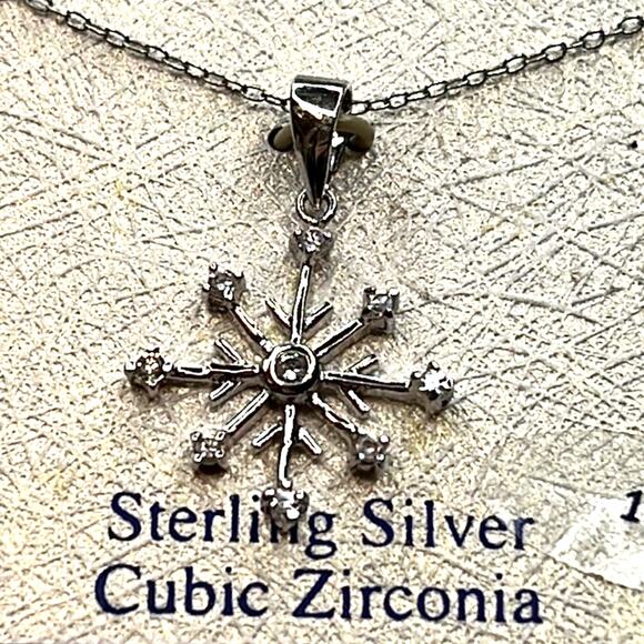 B. Brilliant Sterling Silver Snowflake Necklace w/ Cubic Zirconia Accents, NWT - Picture 2 of 3